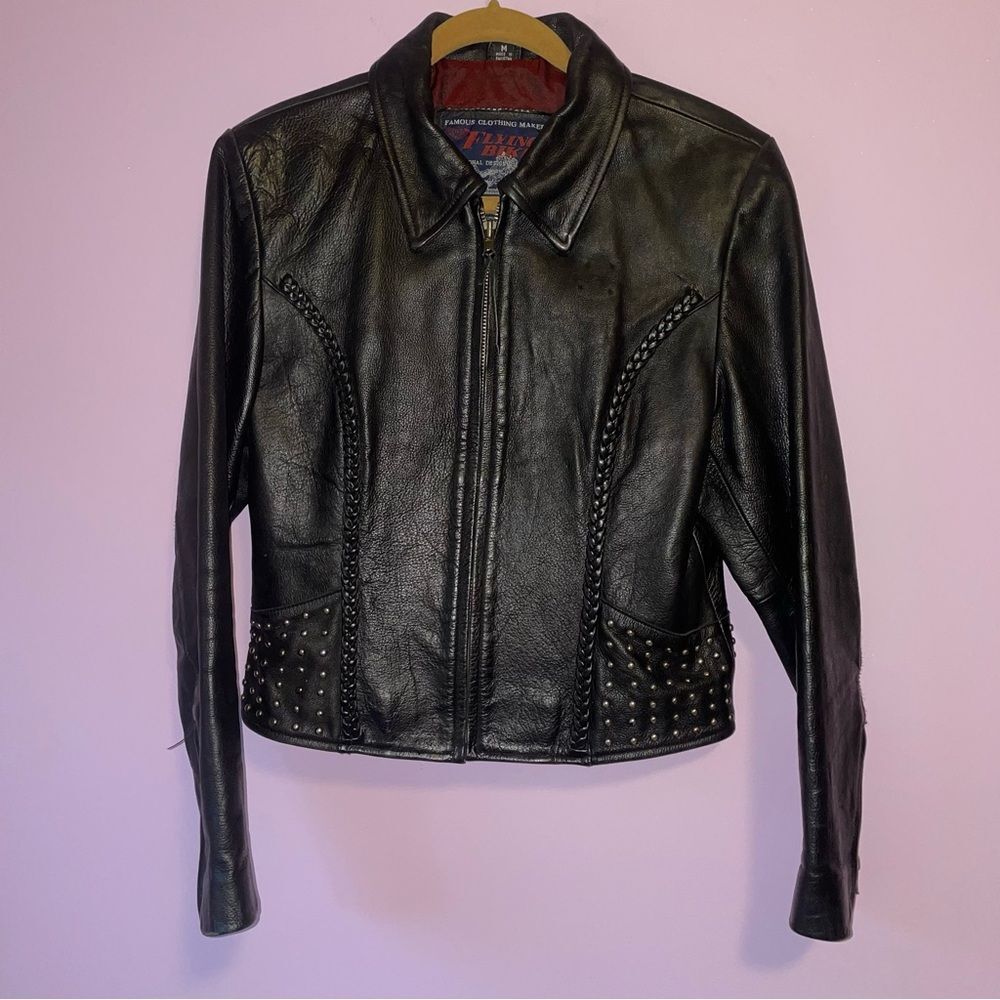 Vintage Classic Black Studded Leather Jacket - Women